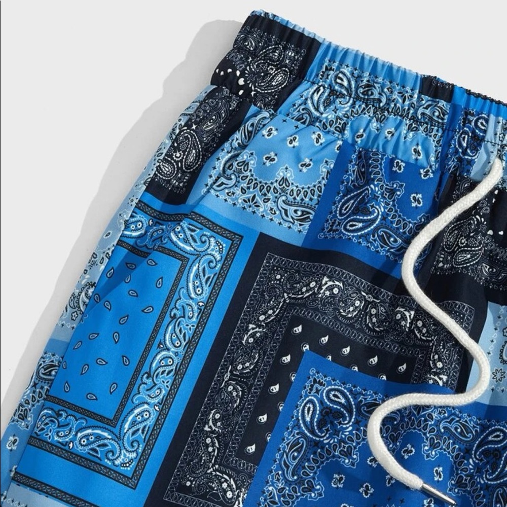 Drawstring Waist Blue Paisley Patchwork Shorts Ne… - image 4